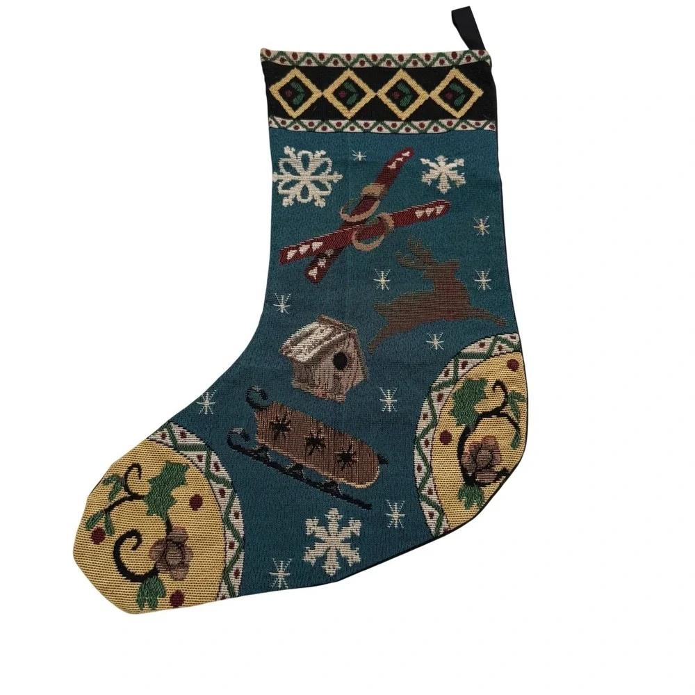 Vintage Tapestry Christmas Stocking Teal Reindeer Skis Sled Winter Scene Woven